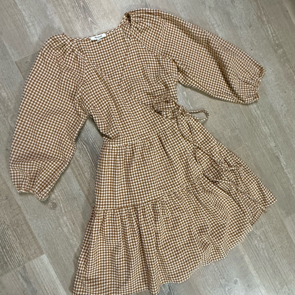 Madewell Brown Cream Gingham Wrap Dress - Picture 7 of 11